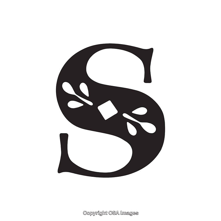Ornate Letter S with Elegant Black Design Elements on White Background