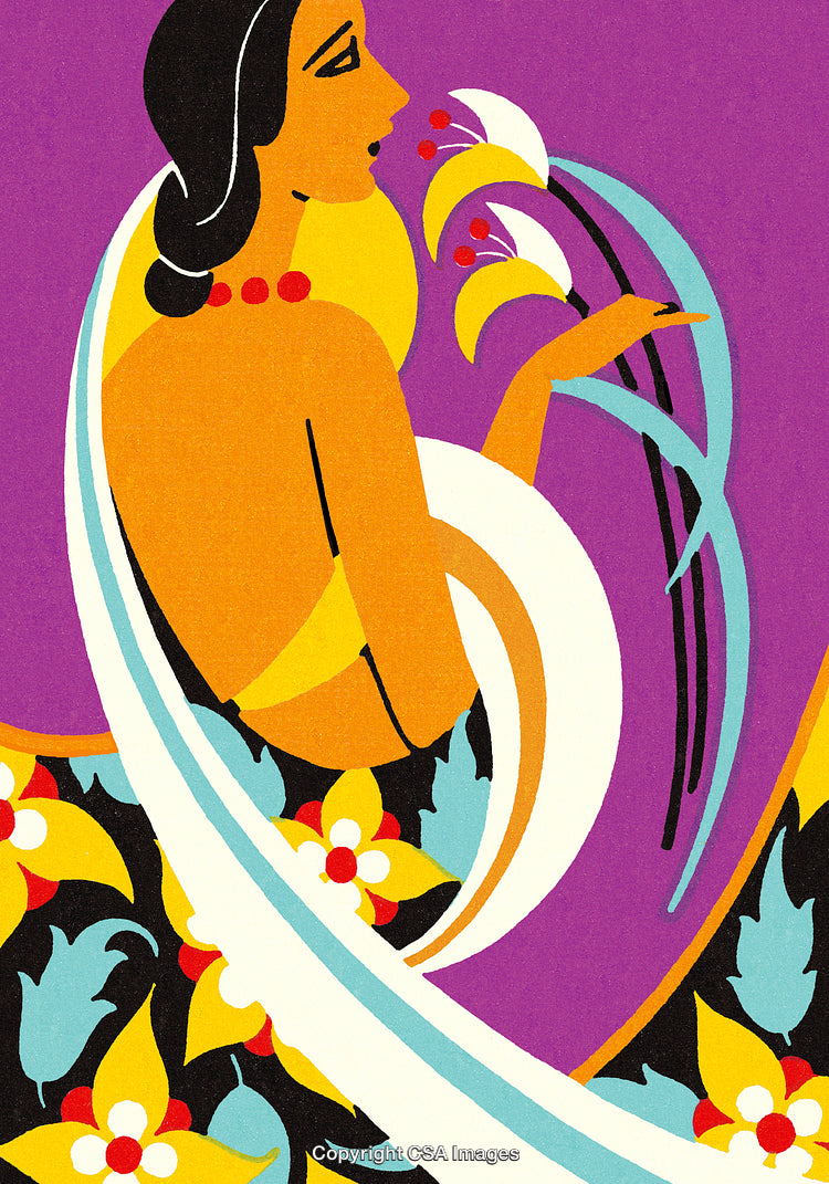 Stylized Colorful Art Nouveau Illustration of Woman with Flowers and Foliage