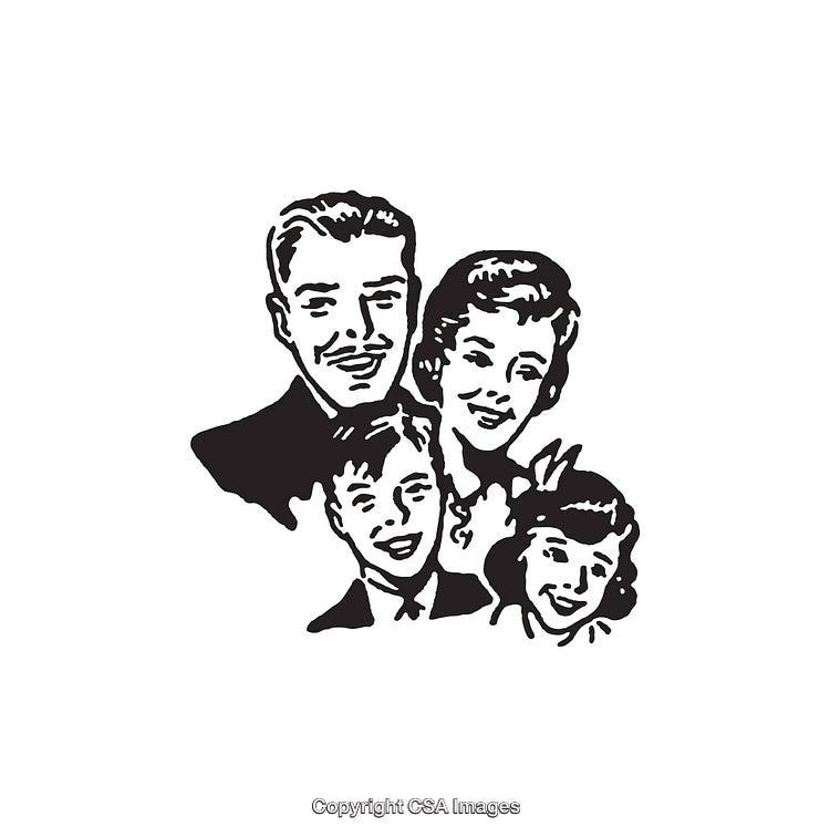 Smiling Family Illustration in Vintage Black and White Style