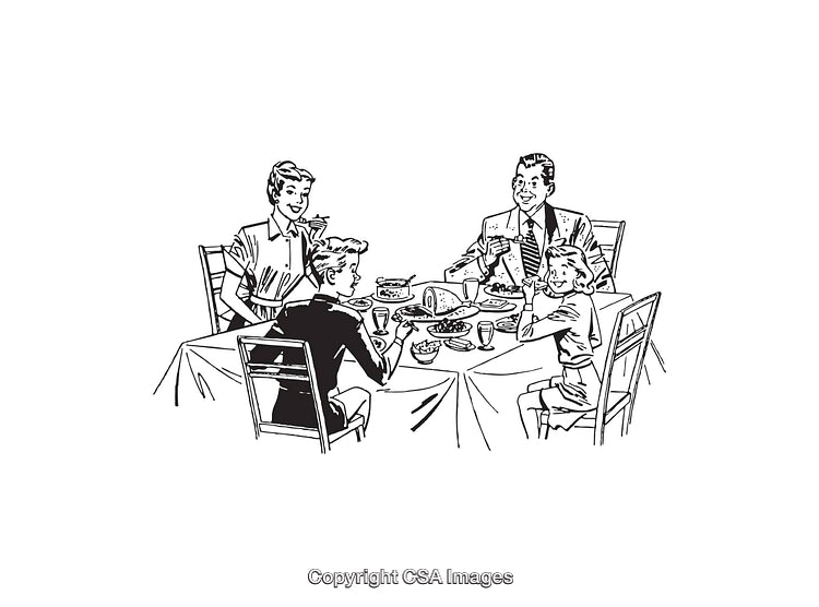 Retro Family Sharing a Meal Together Around a Table