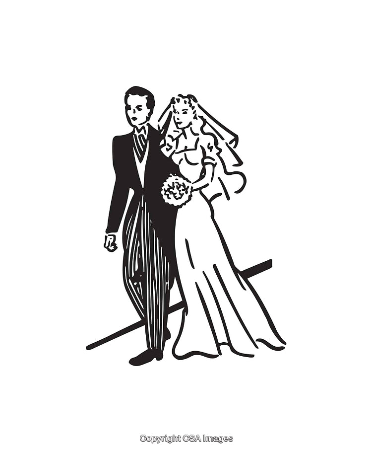 Black and White Line Art Illustration of a Bride and Groom Wedding Scene