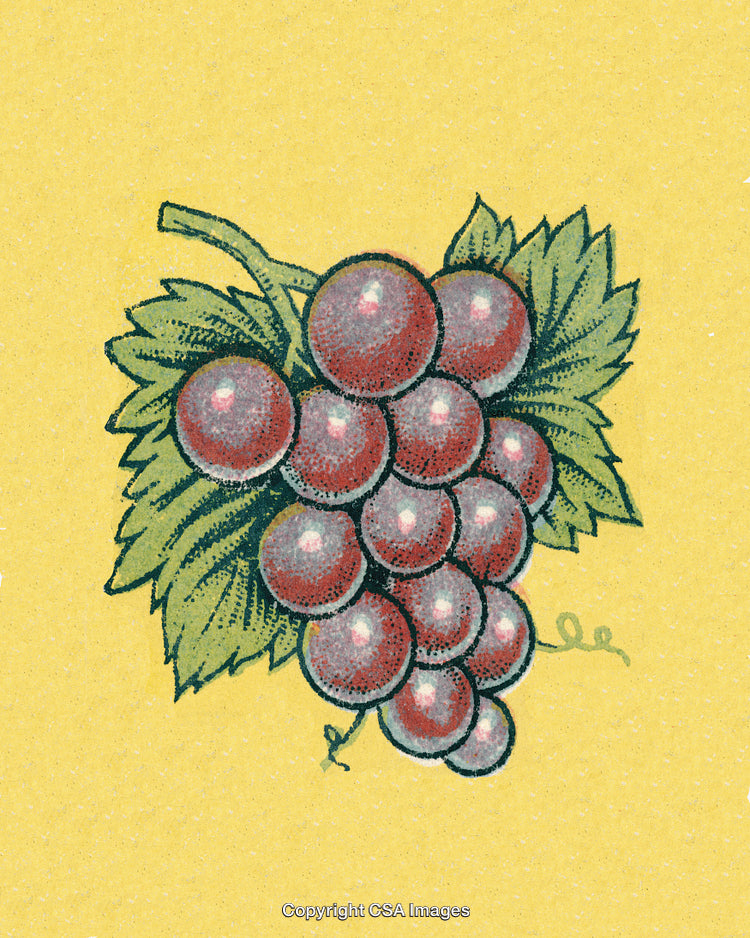 Illustration of a Cluster of Red Grapes on a Yellow Background