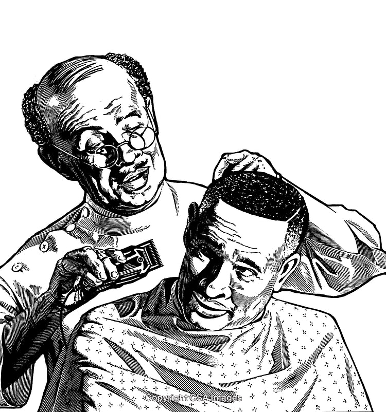 Barber Giving a Haircut in Vintage Black and White Illustration Style