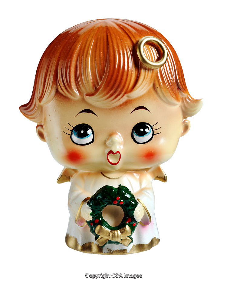 Vintage Christmas Angel Figurine Holding Wreath with Adorable Features