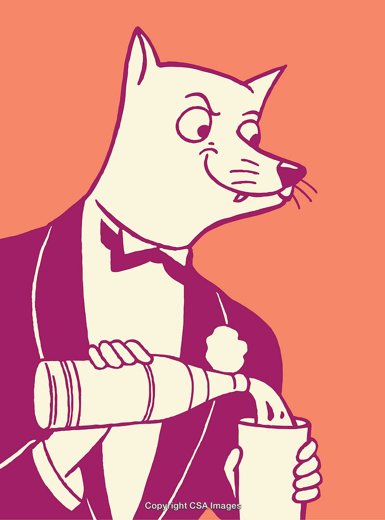 Stylized Illustration of Dapper Dog Pouring a Drink in Line Art Style