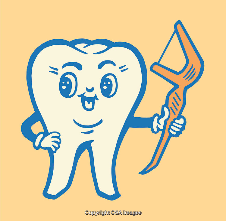 Cartoon Tooth Holding Flosser in Whimsical Line Art for Dental Hygiene