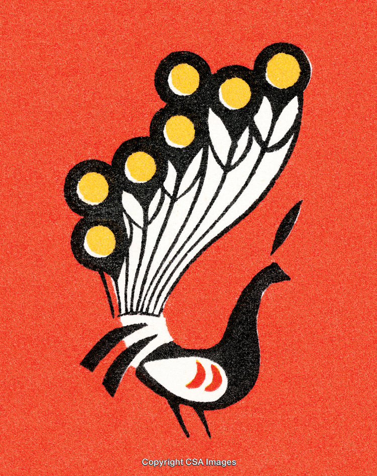 Artistic Depiction of a Stylized Bird with Bright Patterns on Red Background