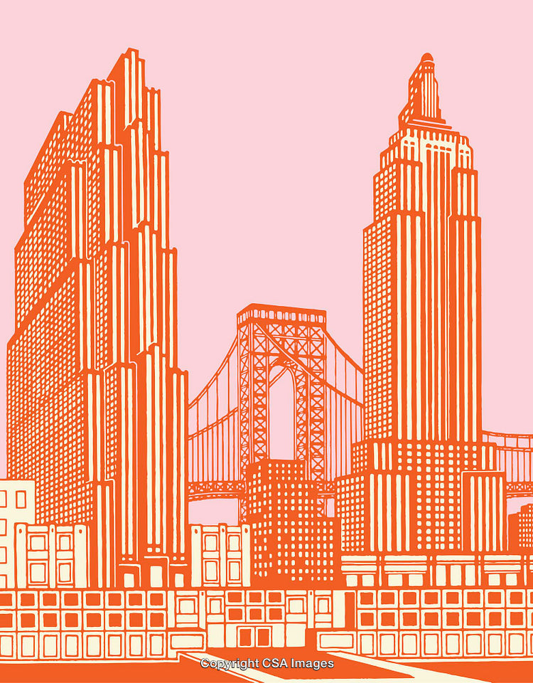 Illustrated Urban Skyline with Bridge in Vibrant Color Scheme