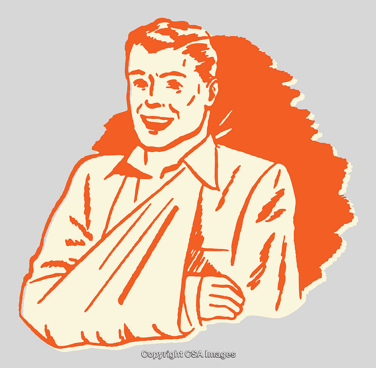 Vintage Illustration of a Smiling Man in a Sling on Orange Background