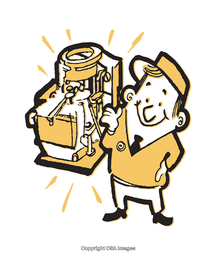 Cartoon Illustration of Smiling Man Presenting a Machine in Yellow Tones