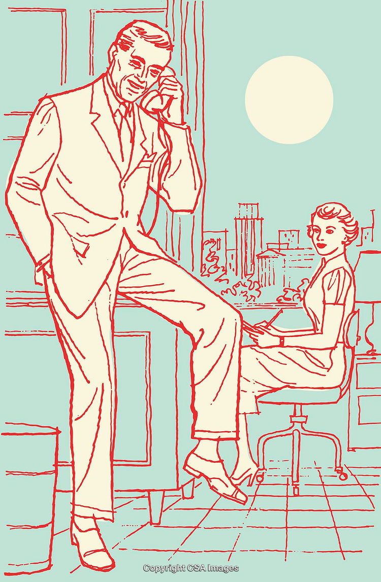 Retro Styled Office Scene with Professionals Interacting in Line Art Illustration