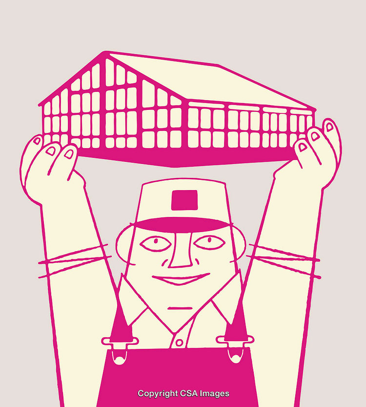 Illustration of a Smiling Worker Lifting a Greenhouse Model in Bold Colors