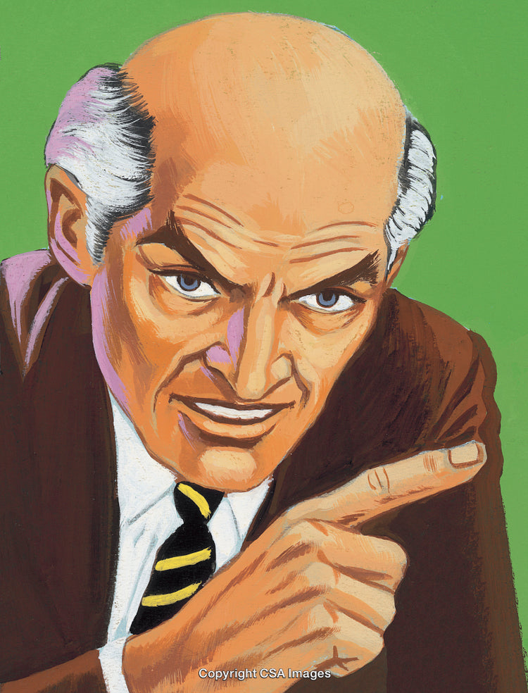 Illustration of Serious Businessman Pointing with Focused Expression and Green Background