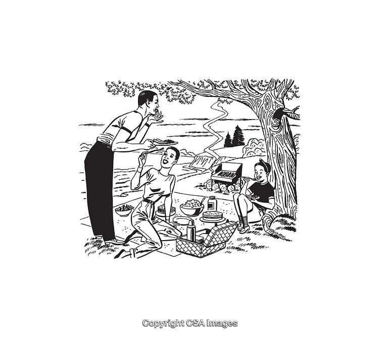 Vintage Line Art Picnic Scene by the Riverside