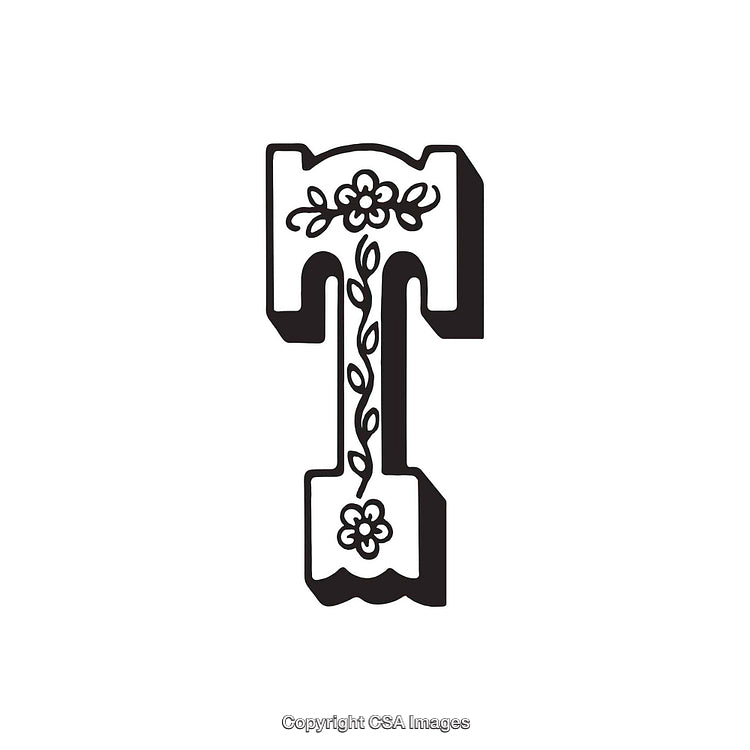 Decorative Letter T with Floral Embellishments in Black Vector Style