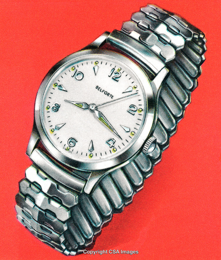 Classic Analog Wristwatch with Steel Band on Red Background