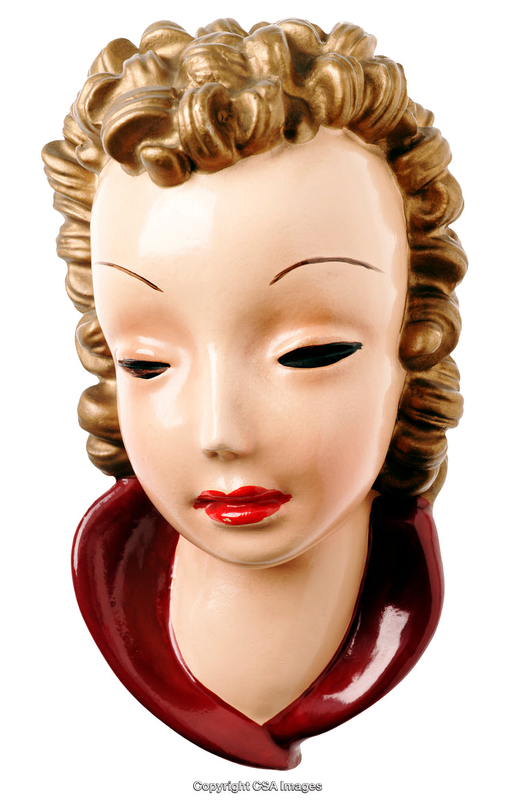 Vintage Ceramic Wall Mask Figure with Golden Curls and Red Lips