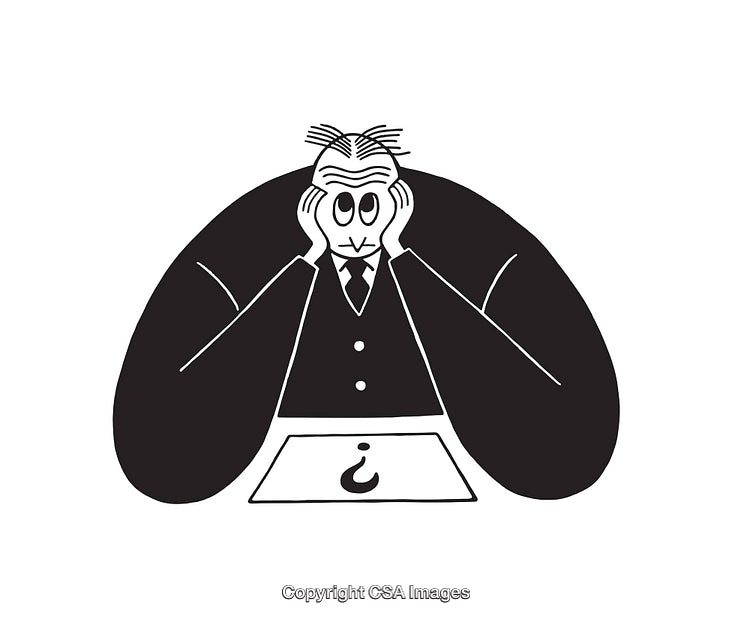 Black and White Cartoon Depicting a Contemplative Character at a Desk