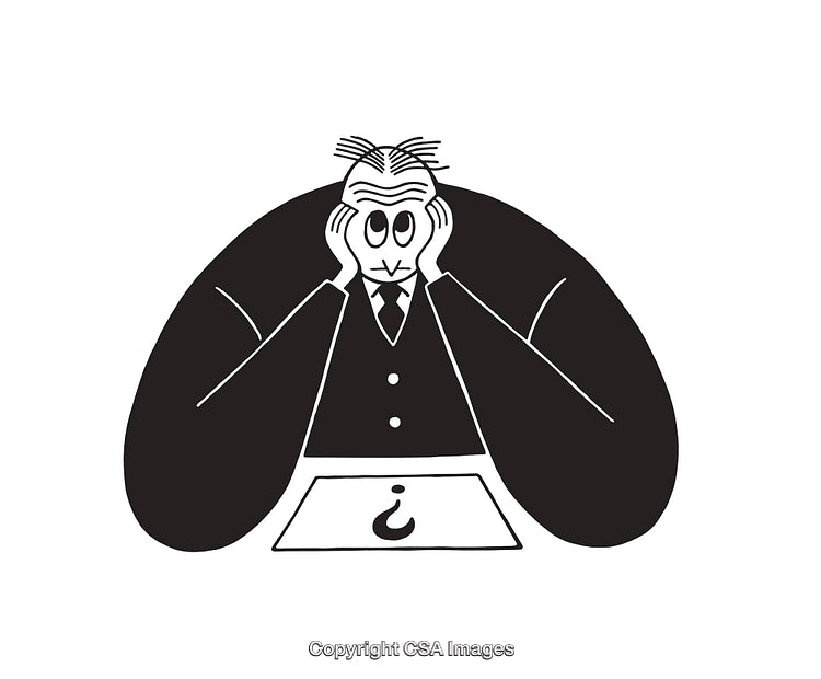 Black and White Cartoon Depicting a Contemplative Character at a Desk