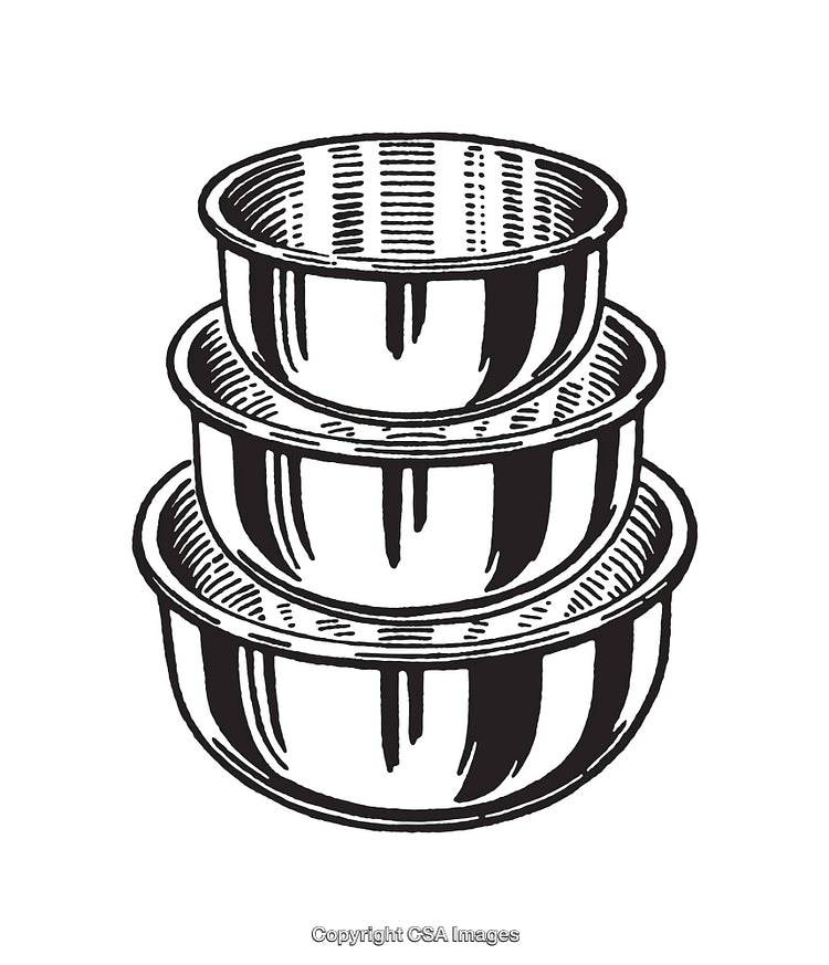 Stack of Three Stainless Steel Bowls Illustration in Black and White