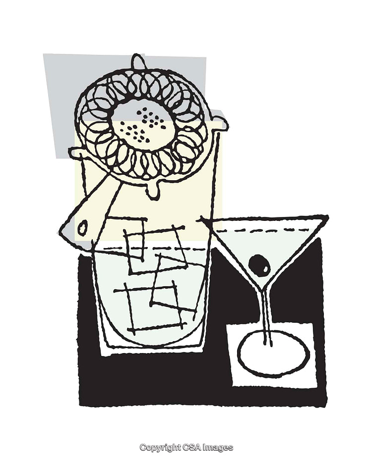Stylish Illustration of Cocktail Mixing Tools and Martini Glass