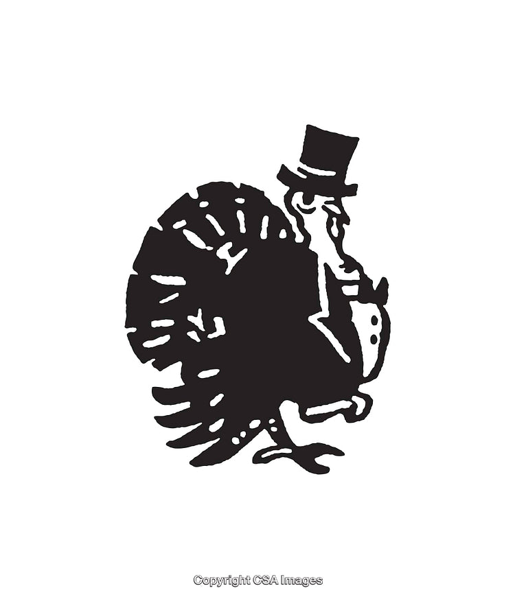 Vintage Line Art Illustration of a Turkey with Top Hat and Tuxedo