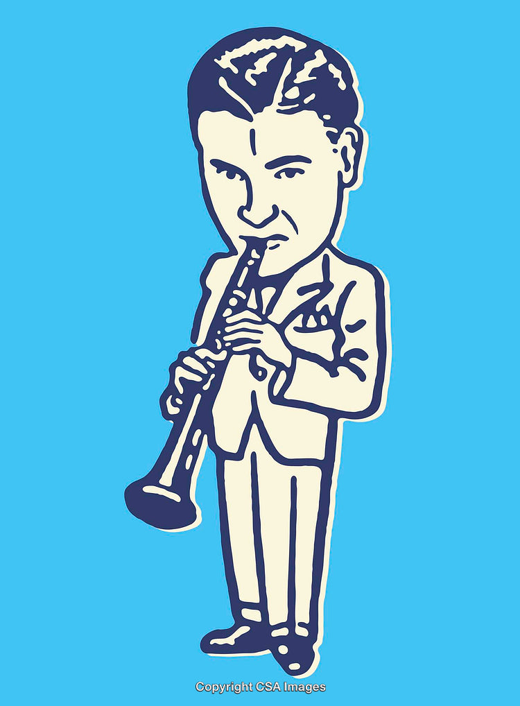 Vintage Line Art of a Musician Playing a Clarinet on Blue Background