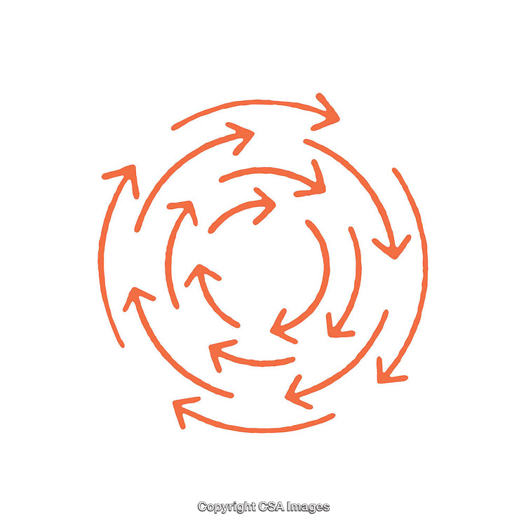 Abstract Circular Pattern of Orange Directional Arrows in a Spiral Design