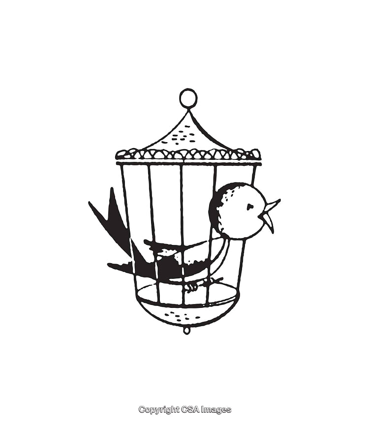 Black and White Line Art of a Singing Bird in a Cage