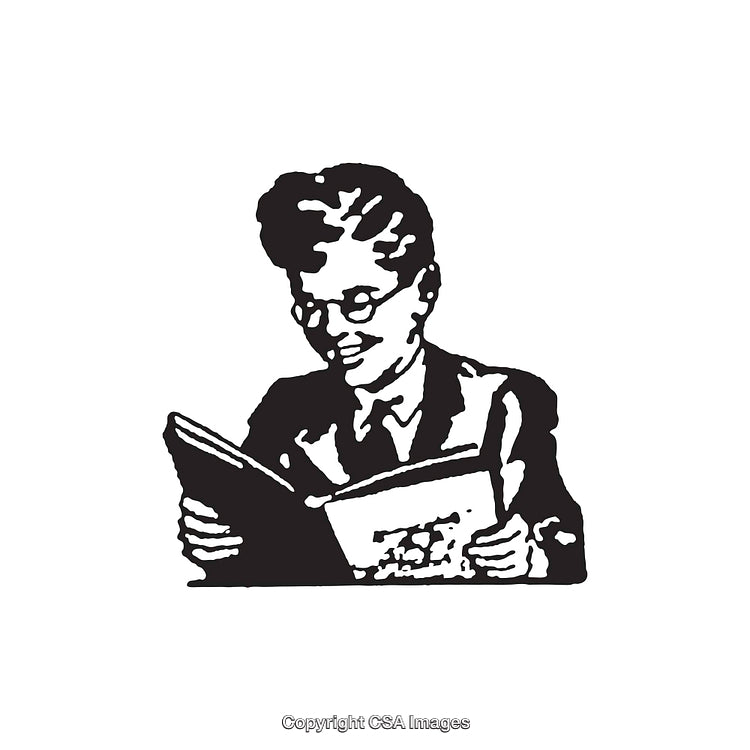 Black and White Line Art of a Person Reading a Book With Glasses