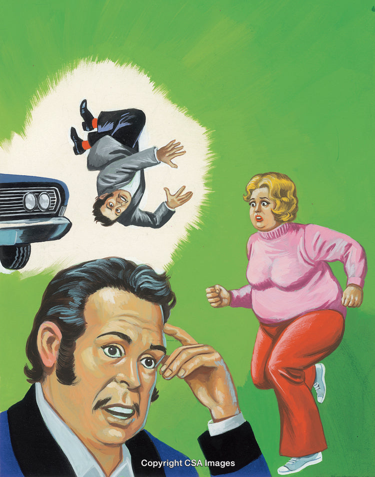 Dramatic Scene Depicting a Car Accident and Shocked Observers on Green Background