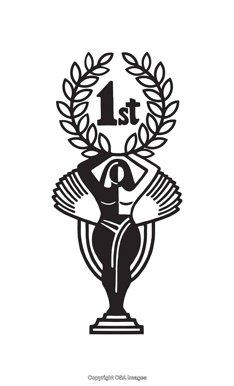 Victory Trophy Line Art With Laurel Wreath and First Place Text
