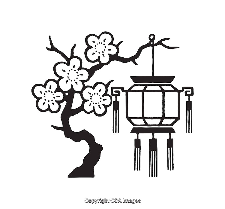 Black and White Line Art of Cherry Blossom and Traditional Lantern
