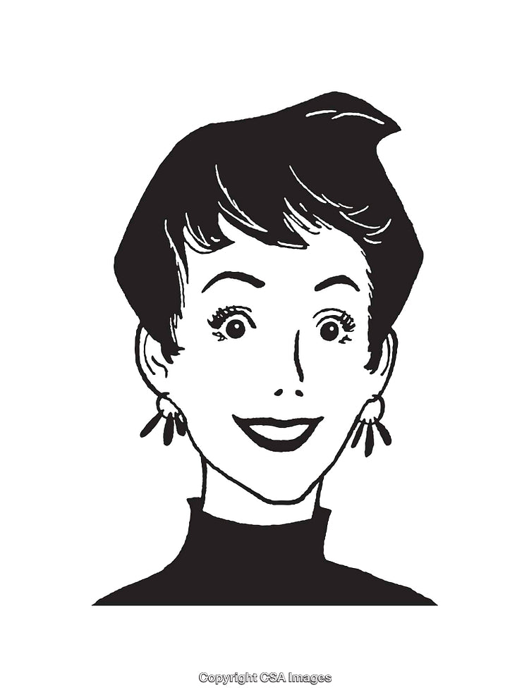 Cheerful Retro Illustration of a Smiling Woman in Black and White Line Art