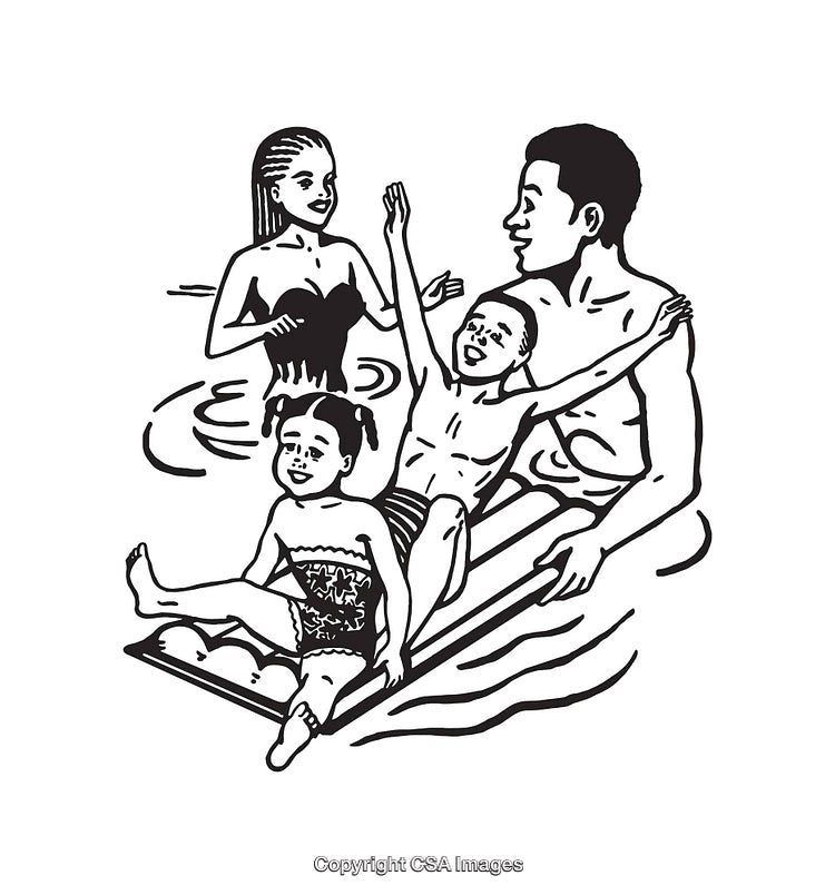 Family Enjoying Water Activities in a Black and White Line Art Drawing