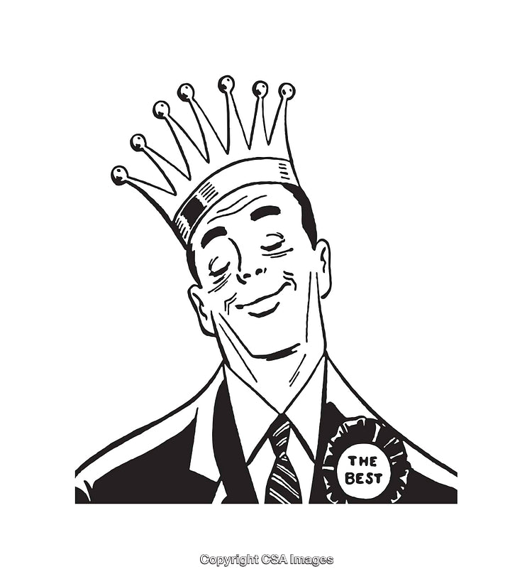 Black and White Illustration of a Man with a Crown and Badge