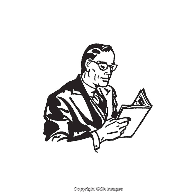 Black and White Line Art of a Businessman Reading a Document