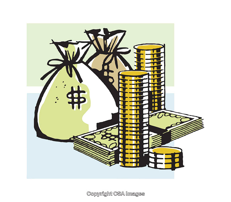 Illustration of Stacked Coins, Money Bags, and Cash Representing Wealth