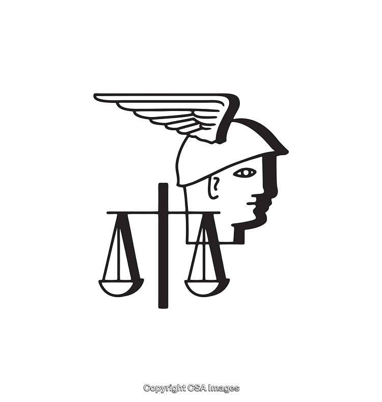 Black and White Illustration of Scales and Winged Helmet Symbol