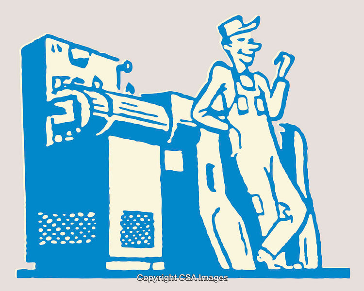 Retro Style Line Art of Worker with Industrial Machine in Blue Tones