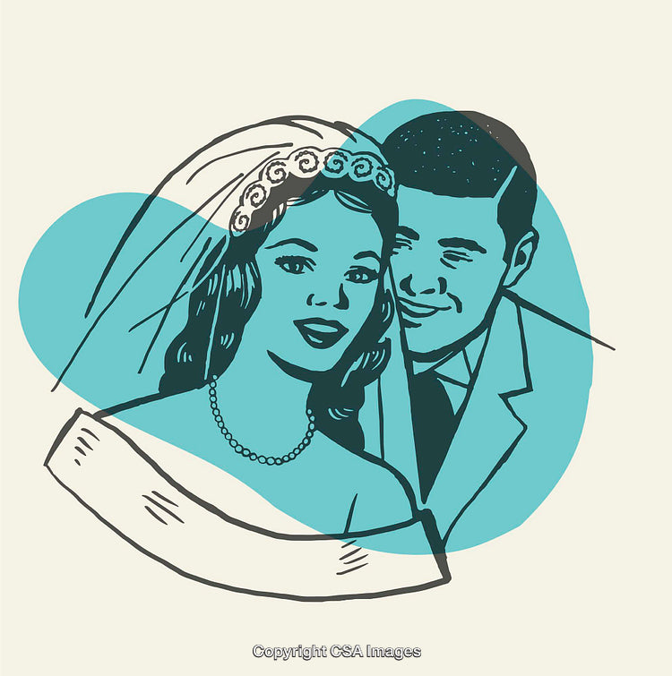 Vintage Line Art Illustration of a Happy Bride and Groom