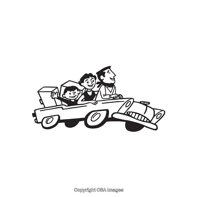 Vintage Family Traveling in Car Black and White Line Art Illustration