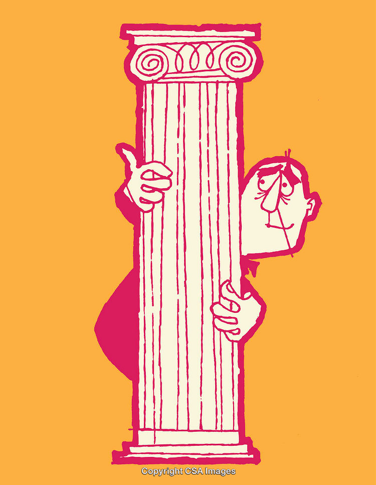 Humorous Illustration of a Man Hiding Behind a Classic Column