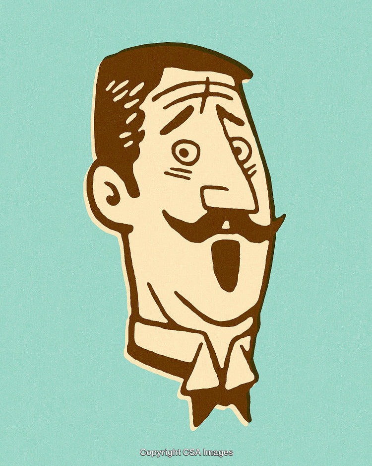 Cartoon Illustration of Surprised Vintage Man with Mustache and Bow Tie