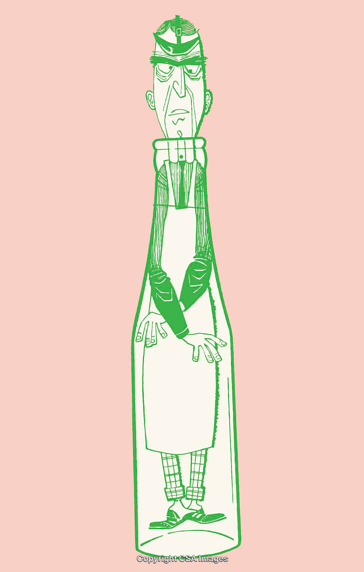 Whimsical Green Line Art of a Man in a Bottle Illustration