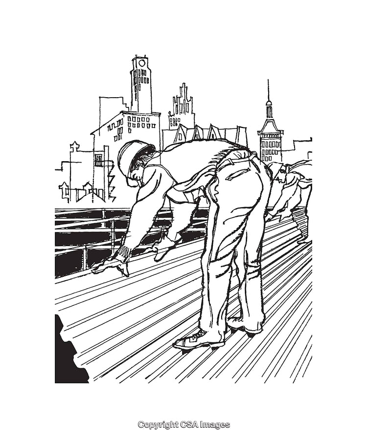 Worker on Construction Site in Urban Environment, Black and White Line Art