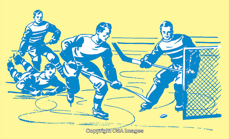 Vintage Ice Hockey Scene with Goalkeeper and Players in Artistic Line Illustration