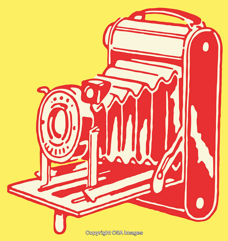 Retro Style Line Art Illustration of a Vintage Camera on Yellow Background