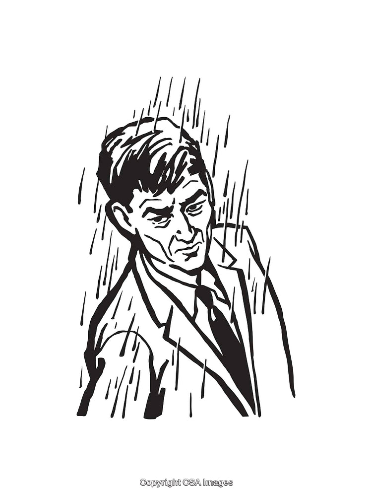 Black and White Drawing of a Man Standing in the Rain