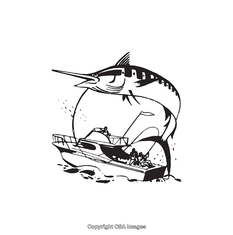 Stylized Line Art of Sailfish Jumping Over Fishing Boat in Action